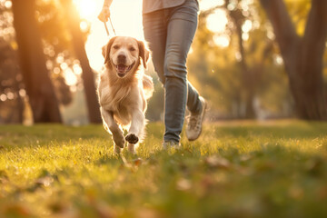 Wall Mural - Cute golden retriever dog running with owner in sunny park. Pet-friendly lifestyle