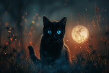 Mysterious Black Cat With Glowing Blue Eyes In Moonlight Fantasy Digital Art