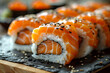Culinary Craftsmanship in Sushi Making Salmon Rolls with Roe Embellishments, Menu Restaurant