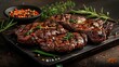 Sizzling Steak Delight with Fresh Herbs and Spices. Concept Steak Recipes, Cooking Techniques, Herbs and Spices, Flavorful Dishes, Grilling Tips