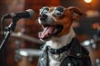 A dog dressed in rocker attire with sunglasses and a chain poses with a microphone, suggesting it is ready to perform