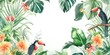 A vibrant watercolor painting depicting lush tropical plants and colorful birds in a stunning jungle landscape.