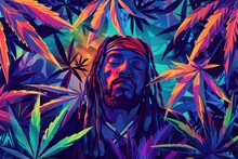 Illustration Of Rasta In The Middle, Surrounded In The Style Of Cannabis Plants, Vibrant Colors, High Contrast, Digital Art Style