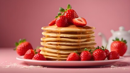 Wall Mural - A photorealistic image showcasing a stack of pancakes generously topped with ripe strawberries, presented on a pink background. The focus should be on capturing the texture of the pancakes, the freshn