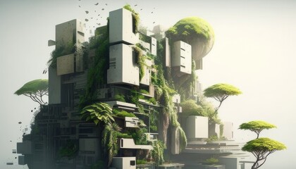 Wall Mural - Urban Jungle, In a futuristic city overrun by concrete and pollution,  gardens and rooftop oases. Generated AI