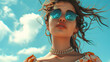 Portrait of woman wearing sunglasses against sky and summer selfie background Happy summer season