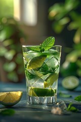 Wall Mural - Two tall glasses of a green drink with mint leaves on top. The drink is served on a wooden table