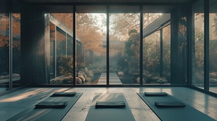 Wall Mural - A quiet, minimalist yoga studio with floor-to-ceiling windows overlooking a peaceful garden, with individuals practicing mindfulness yoga