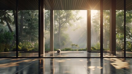 Wall Mural - A quiet, minimalist yoga studio with floor-to-ceiling windows overlooking a peaceful garden, with individuals practicing mindfulness yoga