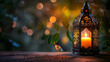 Luminous tradition, softly lit lantern by a candle, observed during Ramadan Kareem, wallpaper banner with copy space.