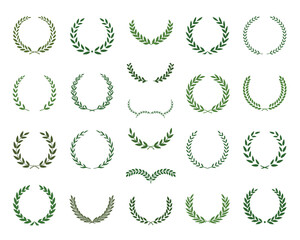 Poster - Set of green silhouette laurel foliate, olive wreaths. Vector illustration for your frame, border, ornament design, wreaths depicting an award, achievement, heraldry, emblem, logo.