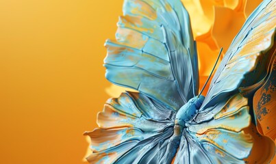 Illustrate a clay sculpture showcasing a mesmerizing color transition of a butterflys wings from an eye-level perspective