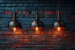 minimalistic design Many pendant lamps against red brick wall, the extreme right third of an image,