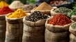 A Symphony of Spices: Market's Colorful Medley. Concept Spice Market, Colorful Spices, Culinary Delights, Exotic Flavors, Market Vibrancy