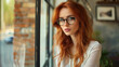 © Kiron - A confident redhead with chic glasses posing with poise in a sleek, modern loft apartment, epitomizing contemporary elegance. Ai generated