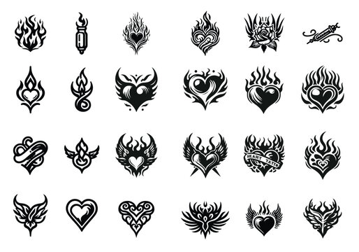 Heart tattoo set, gothic rock flame shape kit, vector u2k abstract love logo concept retro sticker collection, Stylised heart tattoo