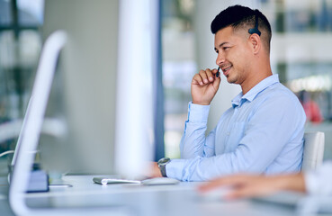 Aufkleber - Man, phone call and callcenter worker for telecom, communication and contact us with CRM. Happy working at telemarketing agency, sales and headset with mic for help desk, customer service and support