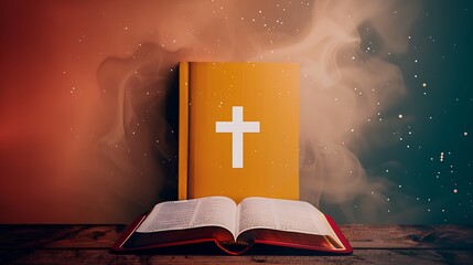 Wall Mural - A cross is placed on an open Bible