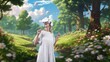 Impressive woman looking through VR in wonderland bokeh circle falling metaverse in wildflower forest fairytale getting fresh air meta world fantasy jungle natural imaginary creativity. Contraption.