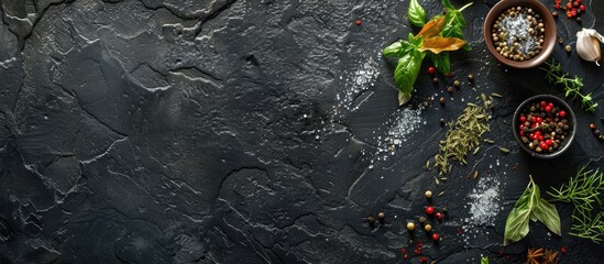 Wall Mural - Herbs and spices displayed on a black stone surface from a top view, with room for text.