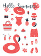 Red beach accessories isolated on white. Swimsuit, swimming trunks, hat, sunglasses, flip flops, sunscreen, camera, flamingo swimming ring, watermelon. Things for summer vacation. Hello Summer Vector.