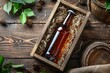 Pristinely presented beer bottle in a wooden box with straw, symbolizing a crafted brewing tradition