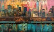 Incorporate a vibrant cityscape with a long shot perspective using acrylic paint on canvas, highlighting the texture of rusted metal and weathered wood