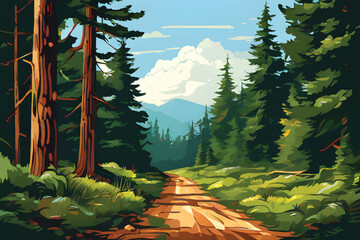 Wall Mural - Forest landscape vector background. Forest view. Forest Background. Road through a forest.