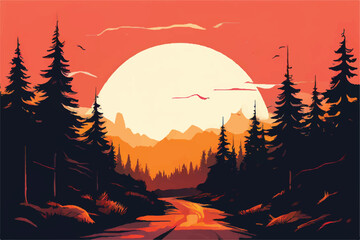 Wall Mural - Forest landscape vector background. Forest view with sunset. Forest Background. Road through a forest. Sunset.