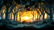 sunset at coniferous forest, tree shade in forest with sunlit, paper cut craft sculpture artistic background illustration, Generative Ai
