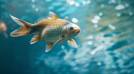 A beautiful orange koi fish swims in a clear blue pond. The fish is in focus, while the background is slightly blurred, with a hint of green plants.