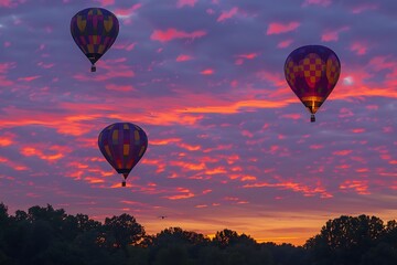 Wall Mural - : Hot air balloons ascending into a sky painted with the colors of sunrise.