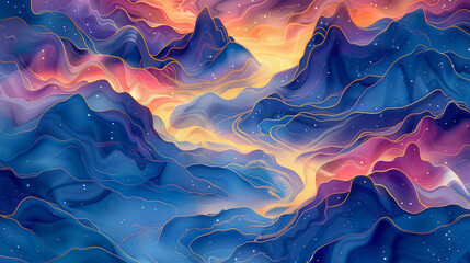 Wall Mural - abstract mountain 3d background; a vivid fantasy landscape, in a flowing, layered style, with a warm color palette that transitions from deep blue to vibrant orange