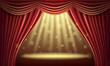 Red 3D curtains and illuminated scene with bokeh effect. Grand opening, presentation.Banner with copy space.Vector stock illustration.