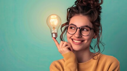 Young girl with a light bulb, having a great idea, iconic representation. Studio shot.