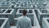 Fototapeta  - Abstract illustration, a man with his back turned in front of a giant maze, concept of decision making, difficulties.