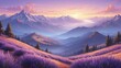 Illustration of mountain top view with sunrise light, featuring dreamy lavender and lilac tones.