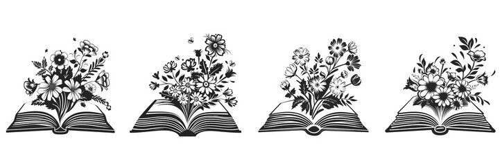  Set of a black and white logo of an open book with flower   on a ,transparent background