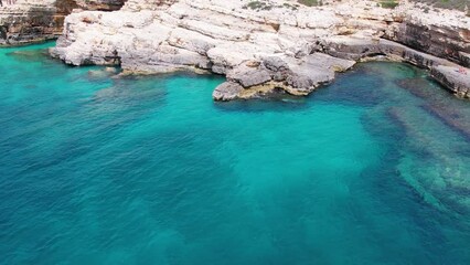 Wall Mural - Aerial of turquoise deep water and white rocks of Croatia coast. Relax and leisure concept