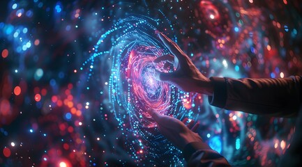 A person touching the vortex of data, surrounded colorful lights and dark background, futuristic style, digital technology concept High detail, ultra realistic photo in the style of Canon EOS + symbol