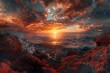 : Panoramic view of a coastline with a fiery sun rising above the horizon.