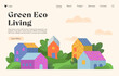 Green eco living landing page.Web page design template with countryside in the spring or summer.Hand drawn village landscape,hills and trees.Vector sustainable living concept for real estate website