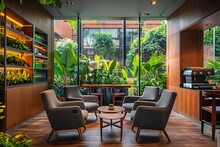 : Relaxing Break Area With Plush Armchairs, A Coffee Bar, And A View Of A Rooftop Garden.