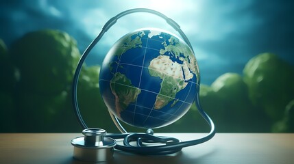 Canvas Print - Earth globe and stethoscope on blue background. 3D rendering