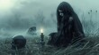 witch sitting on the ground in front of a black candle and a black skull, grass and fog around them.