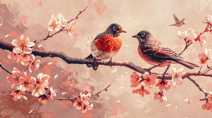 Naklejka na meble Victorian style wallpaper showcasing cherry blossoms with perching robins