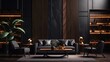 Chic Business Lounge, Sumptuous black and gray furnishings set against a black wall with wooden accents, exemplifying luxury and style in a close-up, realistic view