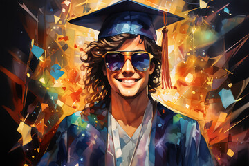 Wall Mural - Happy student graduate with sunglasses graduating college university with bachelors masters diploma illustration