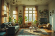 Cozy vintage living room interior at sunset