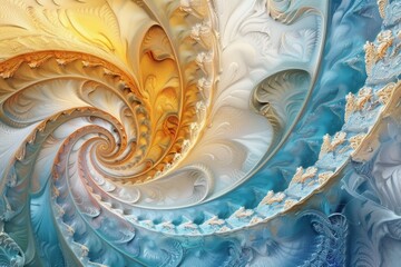 Elegant abstract fractal art depicting swirling golden and blue waves with a luxurious feel for creative backgrounds..